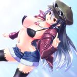  bikini black_hair borrowed_character hat highres jacket long_hair making_of multicolored_hair open_clothes open_jacket original red_eyes short_shorts shorts silver_hair solo swimsuit tennouji_masamichi thighhighs two-tone_hair 
