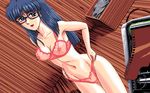  1girl 4bpp blue_hair camera character_request d.o. game_cg glasses hoshi_no_suna_monogatari hoshi_no_suna_monogatari_3 lace lingerie long_hair looking_at_viewer nipples oldschool pc98 standing underwear 