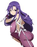  anime_coloring ass bare_shoulders blue_hair bodysuit breasts cosplay covered_nipples detached_sleeves fishnets goshiki_agiri holding igawa_asagi igawa_asagi_(cosplay) kill_me_baby kunai large_breasts long_hair looking_at_viewer purple_bodysuit purple_eyes simple_background smile solo taimanin_(series) taimanin_asagi taimanin_suit weapon white_background yukke_(yamagata) 