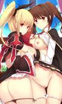  ass blazblue blonde_hair bow breasts brown_hair celica_a_mercury censored daiaru detached_sleeves highres large_breasts long_hair multiple_girls nipples panties panty_pull ponytail rachel_alucard red_bow red_eyes shirt_lift twintails underwear 