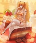  bad_id bad_pixiv_id bamuth bare_shoulders blonde_hair blue_eyes cake cat chocolate crossed_legs dress food fruit garters high_heels highres in_food jewelry long_hair nail_polish original oversized_object ring sitting slice_of_cake solo strawberry tattoo thighhighs twintails white_legwear 