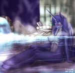  2014 bath blue_hair blush breasts brush bucket crossed_legs equine eyes_closed female hair horn hot_spring mammal mariah_wolves_(mlp) my_little_pony navel night nipples nude original_character outside siberwar sitting stars towel two_tone_hair water waterfall white_hair winged_unicorn wings 