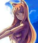  animal_ears bad_id bad_pixiv_id breasts chikuwa_(tks) holo long_hair medium_breasts nude orange_hair red_eyes smile solo spice_and_wolf stretch underboob upper_body wolf_ears 