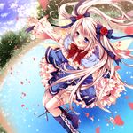  :d blonde_hair blue_eyes blurry bow depth_of_field dutch_angle flower frilled_skirt frills hair_bow hair_flower hair_ornament hair_ribbon kidatsu!_dungeons_lord kyuane long_hair nogi_takayoshi open_mouth petals pointy_ears ribbon rose skirt smile solo twintails wind 