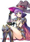  armor bat_wings belt blush breasts bucchake_(asami) cape cat center_opening demon_cat gauntlets hat highres looking_at_viewer magical_halloween noir_auslese pointy_ears purple_hair short_hair sitting small_breasts solo white_background wings witch_hat yellow_eyes 