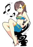  bandeau barefoot beamed_sixteenth_notes blue_eyes brown_hair chitetan eighth_note full_body headphones highres legs musical_note original short_hair shorts simple_background smile solo strapless white_background 
