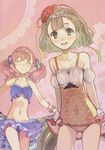  :d atelier_(series) atelier_escha_&amp;_logy bangle bikini blonde_hair blue_bikini blush bracelet breasts cleavage closed_eyes collarbone cowboy_shot escha_malier green_eyes hair_ornament hairclip halterneck hidari_(left_side) highres jewelry lace lucille_ernella medium_breasts multiple_girls navel nose_blush official_art one-piece_swimsuit open_mouth pink_background pink_hair polka_dot polka_dot_swimsuit scrunchie short_hair small_breasts smile striped striped_bikini striped_swimsuit swimsuit thigh_gap twintails underboob 