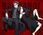  1girl baccano! barefoot black_dress black_hair chane_laforet claire_stanfield couch dress fley3black red_hair short_hair 