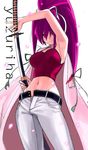  armpits belt breasts camisole character_name hair_intakes hair_ribbon hand_on_hilt highres jacket_on_shoulders large_breasts left-handed long_hair midriff navel ootachi open_fly pants ponytail purple_hair red_eyes ribbon sheath smile solo tetsu_(kimuchi) under_night_in-birth unsheathing unzipped very_long_hair yuzuriha_(under_night_in-birth) 