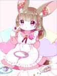  1girl borrowed_character brown_hair cake eating food furry kemoribon open_mouth rabbit red_eyes short_hair solo 