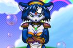  angry blue_fur breasts bubble canine cleavage clothed clothing cloud crossed_arms disembodied_hand female fox fur green_eyes krystal mammal nintendo petting pok&eacute;mon pokemon_amie rainbow solo star_fox take_10.8 video_games 