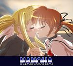  2girls artist_request blonde_hair blush brown_hair couple eyes_closed fate_testarossa female hair_ornament hand_holding kiss lyrical_nanoha mahou_shoujo_lyrical_nanoha mahou_shoujo_lyrical_nanoha_a&#039;s mahou_shoujo_lyrical_nanoha_a's multiple_girls pigtails saliva short_hair short_twintails takamachi_nanoha tnonizyou twintails yuri 