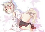  all_fours animal_ears ass autumn_leaves bare_shoulders bottomless detached_sleeves inubashiri_momiji long_sleeves red_eyes shirt silver_hair skirt skirt_pull solo tail touhou wide_sleeves wolf_ears wolf_tail yukishiro_arute 