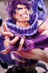  blue_eyes bola_(weapon) fingerless_gloves gloves grin jojo_no_kimyou_na_bouken joseph_joestar_(young) male_focus midriff nakumonaga_uma one_eye_closed purple_hair smile solo 