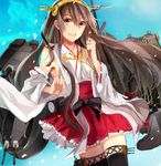  :d bare_shoulders black_bow black_legwear blush bow brown_hair cannon detached_sleeves flower frilled_skirt frills hair_flower hair_ornament hairband haruna_(kantai_collection) kantai_collection long_hair long_sleeves machinery mii_(sogemasaru) nontraditional_miko open_mouth orange_eyes petals red_bow red_skirt skirt smile solo striped thighhighs zettai_ryouiki 
