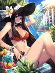  absurdres arm_up bangle bare_shoulders bikini black_eyes blurry bracelet breasts brown_hair building chair choker cocktail cup depth_of_field drinking_glass drinking_straw earrings flower food front-tie_top fruit furyou_michi_~gang_road~ hat highres hotel hyeona ice ice_cube jewelry key kowada_utai large_breasts lens_flare light_rays long_hair looking_at_viewer lotion lounge_chair lying necklace orange_bikini parted_lips pearl_necklace pendant plant poker_chip pool reclining sidelocks solo strap_gap sun_hat sunbeam sunlight sunscreen swimsuit very_long_hair wristband 