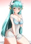  1girl absurdres aqua_hair bangs bare_legs barefoot between_legs blush bottomless breasts cleavage collarbone commentary_request covered_navel dragon_girl dragon_horns erect_nipples eyebrows_visible_through_hair fate_(series) frilled_babydoll hair_ornament hand_between_legs hand_on_own_chest highres horns kiyohime_(fate/grand_order) kneeling long_hair looking_at_viewer medium_breasts moyoron navel open_mouth ribbon see-through shiny shiny_hair shiny_skin simple_background solo strap_slip very_long_hair white_background white_ribbon yellow_eyes 