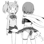  :d cape comic crossed_arms cunt_punt greyscale kaname_madoka kicking magical_girl mahou_shoujo_madoka_magica miki_sayaka monochrome multiple_girls ogadenmon open_mouth panties pantyshot short_twintails smile thighhighs twintails underwear zettai_ryouiki ||_|| 