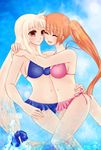  2girls bikini blonde_hair couple eyes_closed fate_testarossa hair_ornament happy hug looking_at_another lyrical_nanoha mahou_senki_lyrical_nanoha_force mahou_shoujo_lyrical_nanoha mahou_shoujo_lyrical_nanoha_strikers mahou_shoujo_lyrical_nanoha_vivid multiple_girls open_mouth orange_hair red_eyes smile swimsuit takamachi_nanoha water watercolormark yuri 