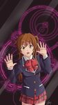  against_fourth_wall against_glass brown_eyes brown_hair chuunibyou_demo_koi_ga_shitai! fourth_wall glass hair_ornament hairclip highres looking_at_viewer magic_circle nibutani_shinka phone_wallpaper side_ponytail signature solo sorandia wallpaper 