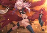  chloe_von_einzbern dark_skin dual_wielding fate/kaleid_liner_prisma_illya fate_(series) flat_chest grin holding holding_sword holding_weapon kanshou_&amp;_bakuya kazenokaze long_hair looking_at_viewer navel pink_hair smile solo sword unlimited_blade_works weapon yellow_eyes 