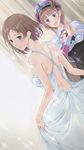  :d atelier_(series) atelier_rorona back bare_shoulders blue_eyes blush brown_hair dress dutch_angle esty_erhard hair_ornament hairclip hands_together hat highres kishida_mel looking_at_another multiple_girls official_art open_mouth rororina_fryxell short_hair skirt_hold smile sparkle very_short_hair white_dress 