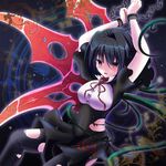  alternate_wings arms_up black_hair breasts chain covered_navel cuffs houjuu_nue large_breasts magic_circle open_mouth pantyhose plant red_eyes ribbon saboten_teishoku short_hair solo torn_clothes torn_legwear touhou vines wings 