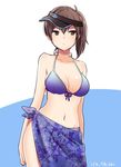  artist_name bare_shoulders bikini blue_bikini breasts brown_eyes brown_hair cleavage collarbone contrapposto front-tie_top hair_between_eyes ica jpeg_artifacts kaga_(kantai_collection) kantai_collection large_breasts navel sarong side_ponytail solo standing stomach swimsuit visor_cap 