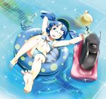  arm_up armpits barefoot bespectacled bikini blue_bikini blue_eyes blue_hair boombox feet glasses gloves hat headphones innertube kawashiro_nitori moriya_suwako one_eye_closed open_mouth pool sinzan solo sparkle swimsuit touhou two_side_up 