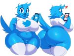  &lt;3 2019 4_fingers anthro avian beak belly big_breasts big_butt bird blue_eyes blue_feathers bottomless breasts butt clothed clothing crotch_tuft deep_navel digital_media_(artwork) eyelashes feathers female front_view huge_breasts huge_butt legwear looking_at_viewer meme navel phone rear_view shirt simple_background slightly_chubby smile solo sssonic2 standing stockings thick_thighs thigh_highs tweetfur twitter voluptuous wendy&#039;s_old_fashioned_hamburgers white_background 