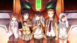  3girls aldnoah.zero amifumi_inko asseylum_vers_allusia black_hair black_legwear blonde_hair blue_eyes bow brown_hair calm_craftman copyright_name covering_one_eye freckles green_eyes highres hood hoodie kaizuka_inaho kg-6_sleipnir mecha multiple_boys multiple_girls pantyhose pink_eyes purple_eyes rayet_areash red_eyes red_hair revision school_uniform short_hair skirt sweater throat_microphone yuuri_nayuta 