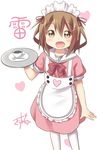  alternate_costume apron brown_eyes brown_hair coffee cup fang gurande_(g-size) heart ikazuchi_(kantai_collection) kantai_collection looking_at_viewer maid maid_apron maid_headdress open_mouth short_hair solo spoon teacup 
