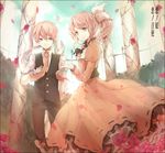  1girl aku_no_musume_(vocaloid) allen_avadonia alternate_hairstyle aqua_eyes bad_id bad_pixiv_id blonde_hair brother_and_sister cup dress evillious_nendaiki flower formal gloves hair_ribbon kagamine_len kagamine_rin long_hair necktie petals ponytail ribbon riliane_lucifen_d'autriche rose siblings suit tea tetsuo twins vocaloid yellow_dress 