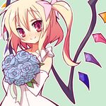  9law blonde_hair bouquet bow bride dress flandre_scarlet flower gloves one_side_up red_eyes ribbon short_hair smile solo touhou vampire wedding_dress wings 