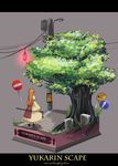  blonde_hair faux_figurine garnet highres lantern no_hat no_headwear ribbon road_sign scenery sign solo touhou tree yakumo_yukari 