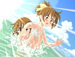  bikini breast_grab brown_eyes brown_hair chunpai cloud day dutch_angle flat_chest grabbing hirasawa_ui hirasawa_yui k-on! lens_flare multiple_girls ponytail short_hair siblings sisters splashing surprised_arms swimsuit water 