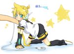  all_fours aqua_eyes asata bad_id bad_pixiv_id blonde_hair blush cable detached_sleeves fingers headphones kagamine_len leaning male_focus miniboy necktie open_mouth poking solo star translated usb vocaloid yellow_neckwear 