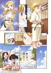  barefoot blonde_hair blue_eyes comic day dougi feet grabbing highres multiple_girls naruko_hanaharu original paper_airplane puddle scan school_uniform sky translated water 