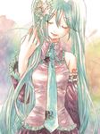  a-gatha aqua_hair bad_id bad_pixiv_id closed_eyes detached_sleeves embellished_costume frills hatsune_miku long_hair necktie skirt smile solo star traditional_media twintails vocaloid watercolor_(medium) 