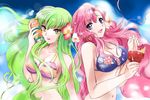  bikini c.c. code_geass day drink drinking_straw earrings euphemia_li_britannia flower food fruit green_hair hair_flower hair_ornament hibiscus jewelry kurimomo long_hair multiple_girls orange pink_hair purple_eyes sky soda swimsuit tongue yellow_eyes 