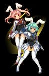  :&lt; animal_ears bunny_ears chiester410 chiester45 chiester_sisters green_hair hanokage multiple_girls pink_hair red_eyes salute showgirl_skirt thighhighs twintails umineko_no_naku_koro_ni 