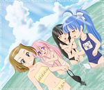  ahoge akiyama_mio alternate_hairstyle bikini black_hair blue_hair blush brown_eyes brown_hair chunpai closed_eyes covering covering_breasts crossover day dutch_angle frills glasses grin hairband izumi_konata k-on! lucky_star mole mole_under_eye multiple_girls one-piece_swimsuit pink_hair ponytail purple_eyes school_swimsuit short_hair smile swimsuit tainaka_ritsu takara_miyuki wading 