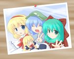  &gt;_&lt; alice_margatroid asimo blonde_hair blue_eyes blue_hair blush closed_eyes front_ponytail green_eyes green_hair hair_ribbon hairband hat kagiyama_hina kawashiro_nitori miyo_(miyomiyo01) multiple_girls photo_(object) ribbon shanghai_doll touhou two_side_up v 