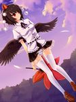  bad_id bad_pixiv_id black_hair black_wings fan geta hat hauchiwa highres looking_away mokuba_(adamsmith) panties red_eyes shameimaru_aya short_hair skirt solo striped striped_panties tengu-geta thighhighs tokin_hat touhou underwear upskirt wind wind_lift wings 