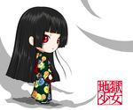  bangs black_hair black_kimono blunt_bangs chibi enma_ai floral_print hime_cut japanese_clothes jigoku_shoujo keinyan kimono long_hair red_eyes sandals solo 