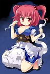  barefoot breasts cleavage ghost hair_bobbles hair_ornament large_breasts mamo_williams onozuka_komachi red_eyes red_hair short_hair solo squatting straddling touhou 
