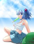  backpack bad_id bad_pixiv_id bag bare_shoulders blue_eyes blue_hair breasts cleavage food hair_bobbles hair_ornament highres kawashiro_nitori medium_breasts midriff niracha popsicle sideboob solo sweat tank_top touhou two_side_up 