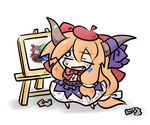  beret bow chibi closed_eyes daiyousei easel fang hair_bow hat horns ibuki_suika koakuma long_hair messy painting ribbon solo sweatdrop touhou yanagi_(nurikoboshi) 