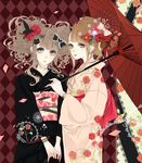  bad_id bad_pixiv_id copyright_request eiri flower hair_ornament japanese_clothes kimono multiple_girls oriental_umbrella parasol shikishima_(eiri) umbrella yukata 