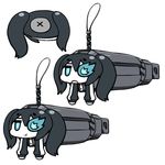 :t arm_cannon black_hair black_rock_shooter black_rock_shooter_(character) blue_eyes burning_eye cellphone_charm chan_co chibi jacket keychain multiple_views pale_skin pout twintails uneven_twintails weapon zipper 